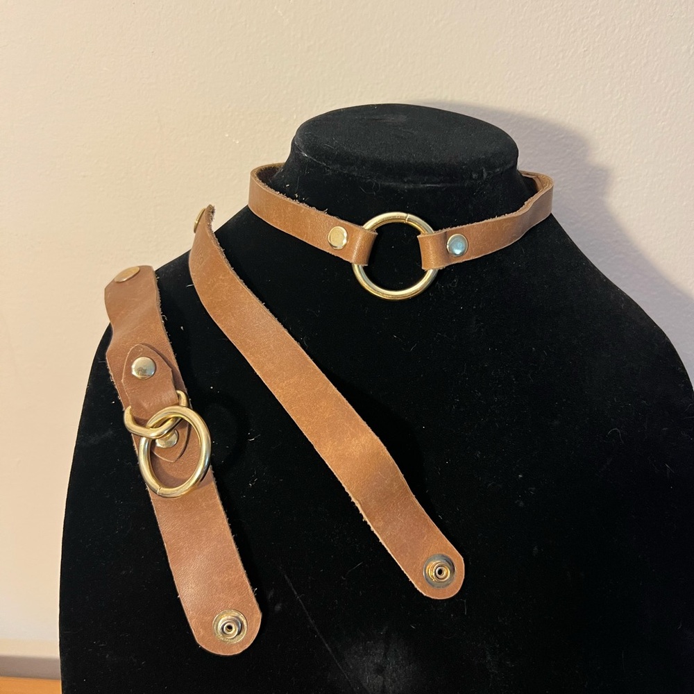 Brown Leather Choker and Bracelet Set